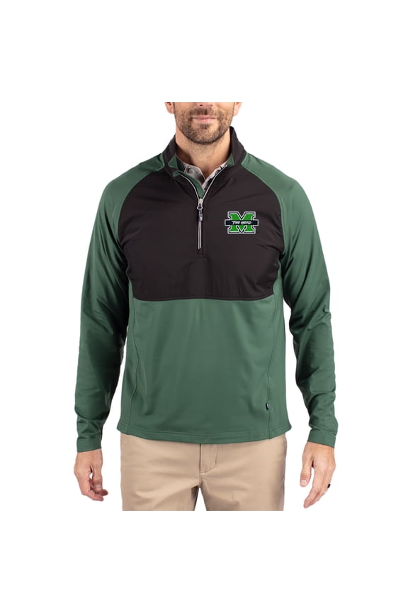 Men's Cutter & Buck Hunter Green Marshall Thundering Herd Adapt Eco Knit Hybrid Recycled Quarter-Zip Jacket