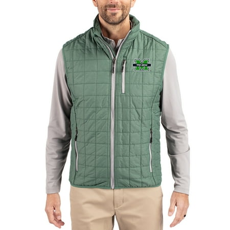 Men's-Cutter & Buck Hunter Green Marshall Thundering Herd Rainier Eco Insulated PrimaLoft Full-Zip Puffer Vest