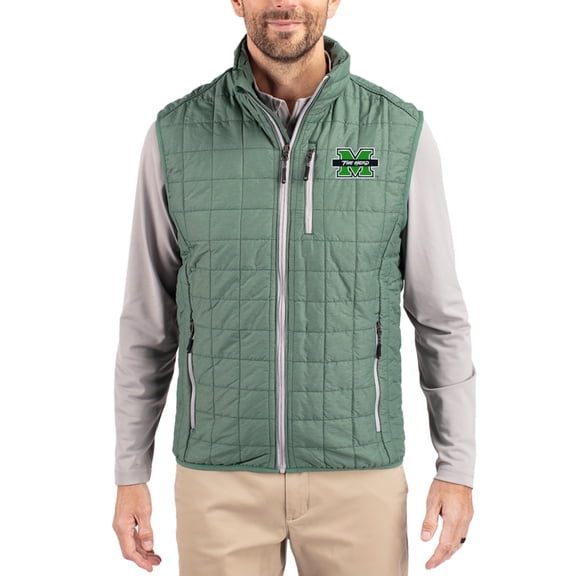 Men's-Cutter & Buck  Hunter Green Marshall Thundering Herd Rainier Eco Insulated PrimaLoft Full-Zip Puffer Vest