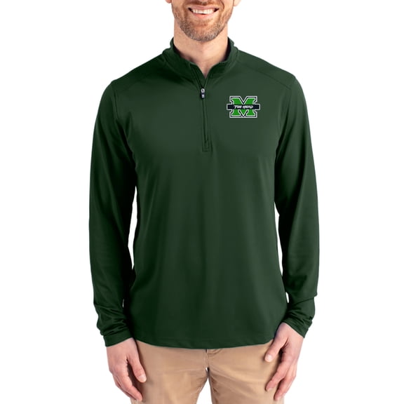 Men's-Cutter & Buck  Hunter Green Marshall Thundering Herd Virtue DryTec Quarter-Zip Pullover