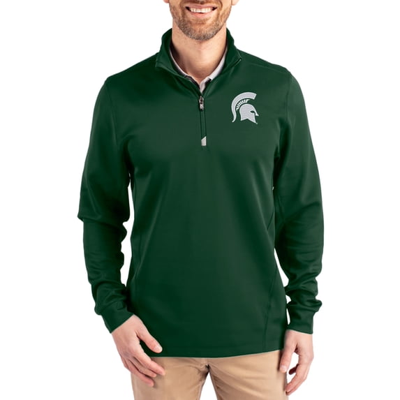 Men's-Cutter & Buck Hunter Green Michigan State Spartans DryTec Traverse Stretch Eco Tri-Blend Quarter-Zip Pullover