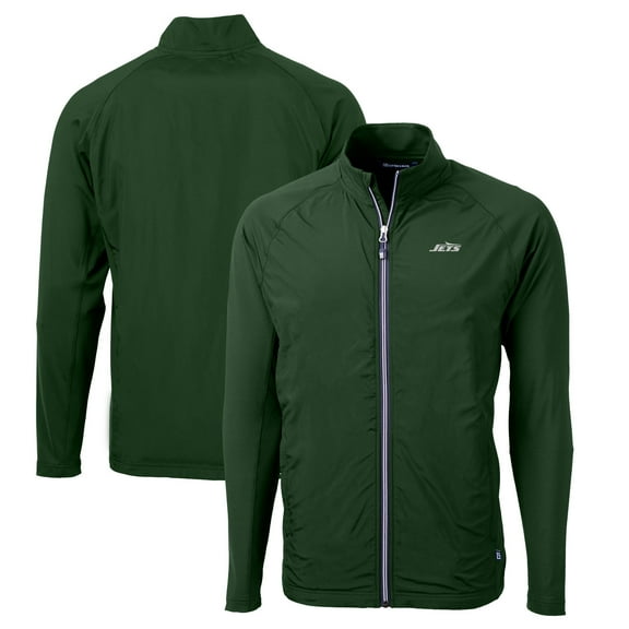 Men's Cutter & Buck Hunter Green New York Jets Primary Logo Adapt Eco Knit Stretch Hybrid Raglan Full-Zip Jacket