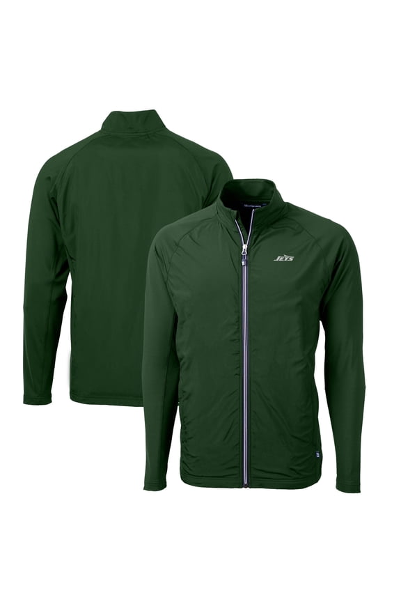 Men's Cutter & Buck Hunter Green New York Jets Primary Logo Adapt Eco Knit Stretch Hybrid Raglan Full-Zip Jacket