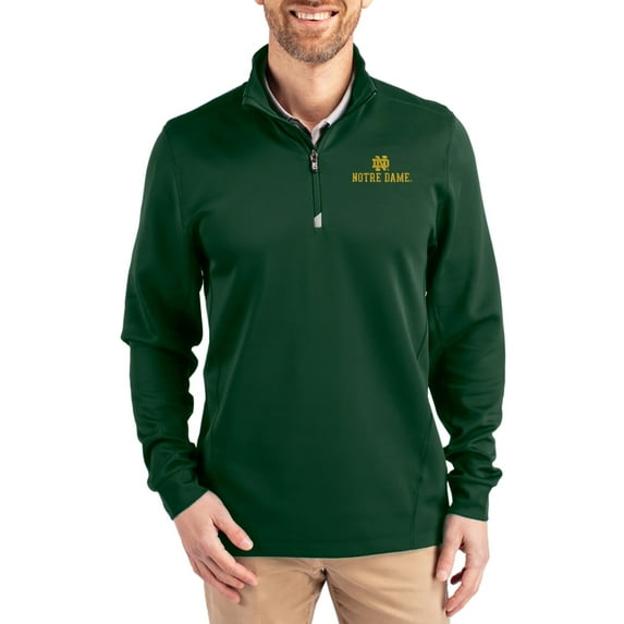 Men's-Cutter & Buck Hunter Green Notre Dame Fighting Irish DryTec Traverse Stretch Eco Tri-Blend Quarter-Zip Pullover