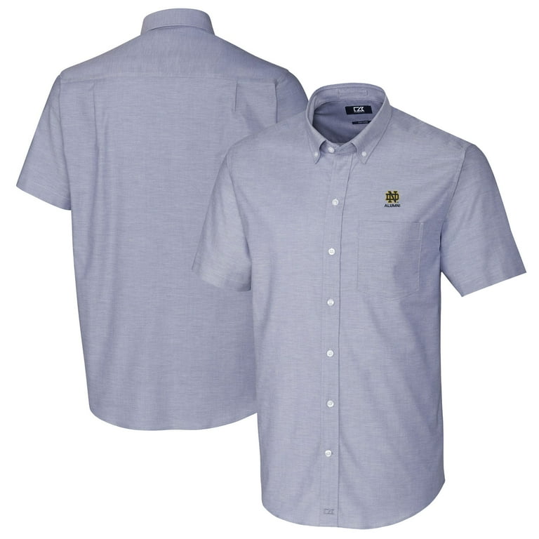 notre dame men's dress shirts Men's Cutter & Buck Light Blue Notre Dame Fighting Irish Alumni Logo  Stretch Oxford Short Sleeve Button-Down Shirt