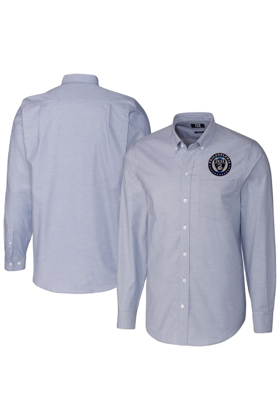 Men's-Cutter & Buck Light Blue Philadelphia Union Stretch Oxford Stripe Tri-Blend Long Sleeve Button-Down Shirt
