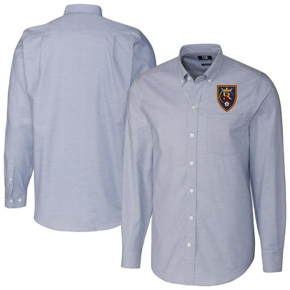 Men's-Cutter & Buck Light Blue Real Salt Lake Stretch Oxford Stripe Tri-Blend Long Sleeve Button-Down Shirt