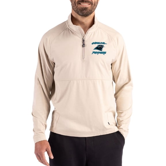 Men's Cutter & Buck Light Brown Carolina Panthers Adapt Eco Knit Hybrid Recycled Quarter-Zip Jacket