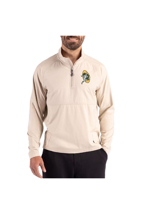 Men's Cutter & Buck Light Brown Green Bay Packers Adapt Eco Knit Hybrid Recycled Quarter-Zip Jacket