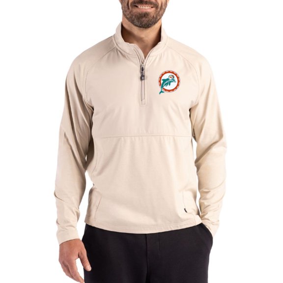 Men's Cutter & Buck Light Brown Miami Dolphins Adapt Eco Knit Hybrid Recycled Quarter-Zip Jacket