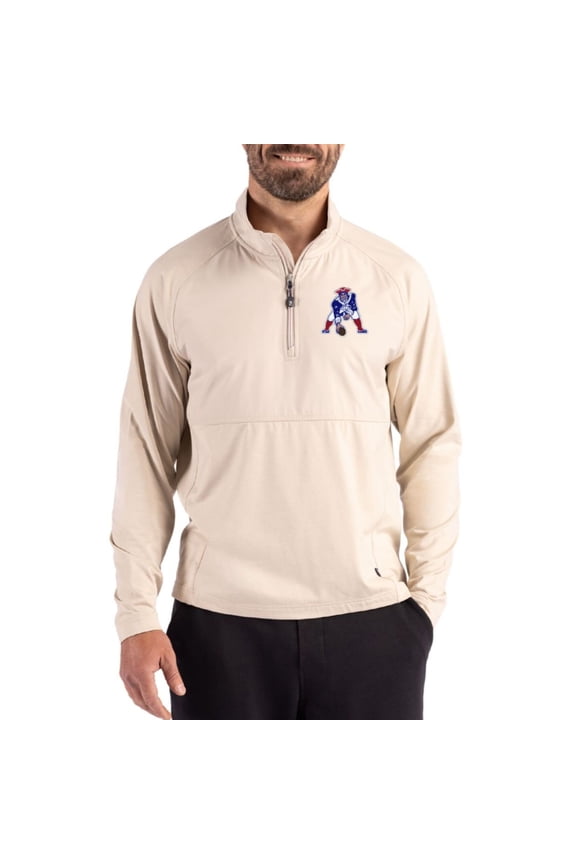 Men's Cutter & Buck Light Brown New England Patriots Adapt Eco Knit Hybrid Recycled Quarter-Zip Jacket