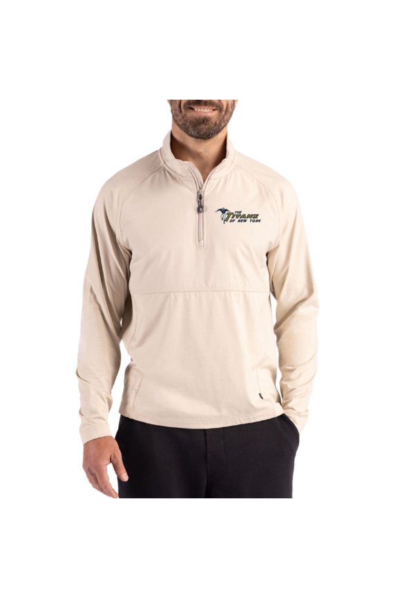 Men's Cutter & Buck Light Brown New York Jets Adapt Eco Knit Hybrid Recycled Quarter-Zip Jacket