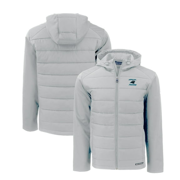 Men's Cutter & Buck Light Gray Carolina Panthers Evoke Hybrid Eco Softshell Recycled Full-Zip Hoodie Jacket
