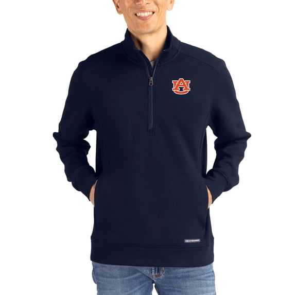 Men's-Cutter & Buck Navy Auburn Tigers Roam Eco Recycled Quarter-Zip Pullover