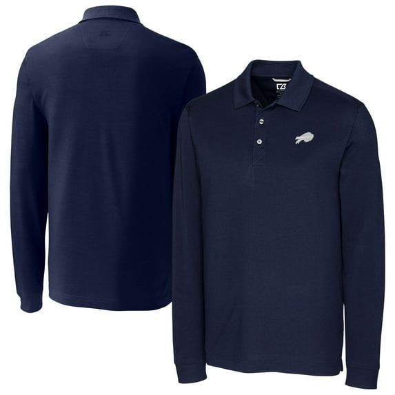 Men's Cutter & Buck Navy Buffalo Bills Big & Tall Advantage Eco Pique DryTec Tri-Blend Long Sleeve Polo