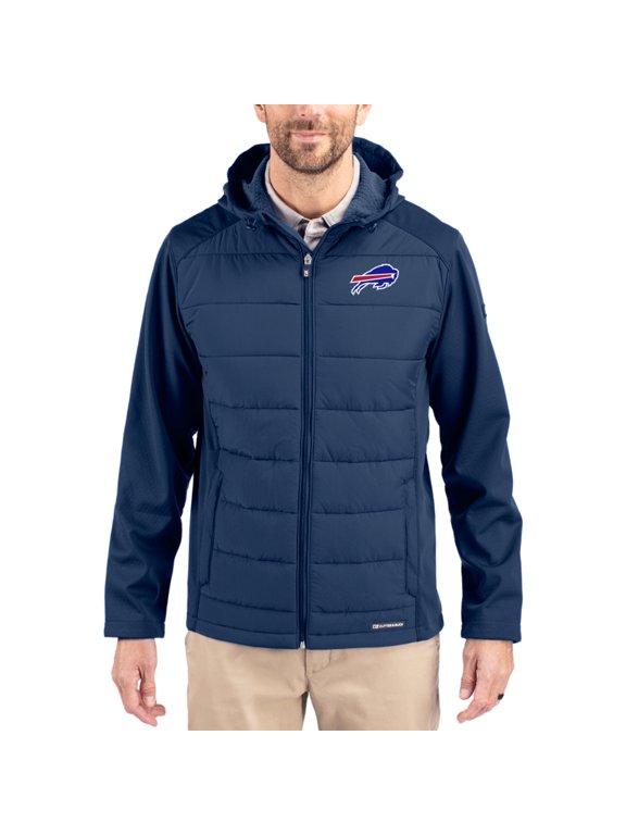 Men's Cutter & Buck Navy Buffalo Bills Evoke PrimaLoft Hybrid Eco Softshell Recycled Full-Zip Hooded Jacket