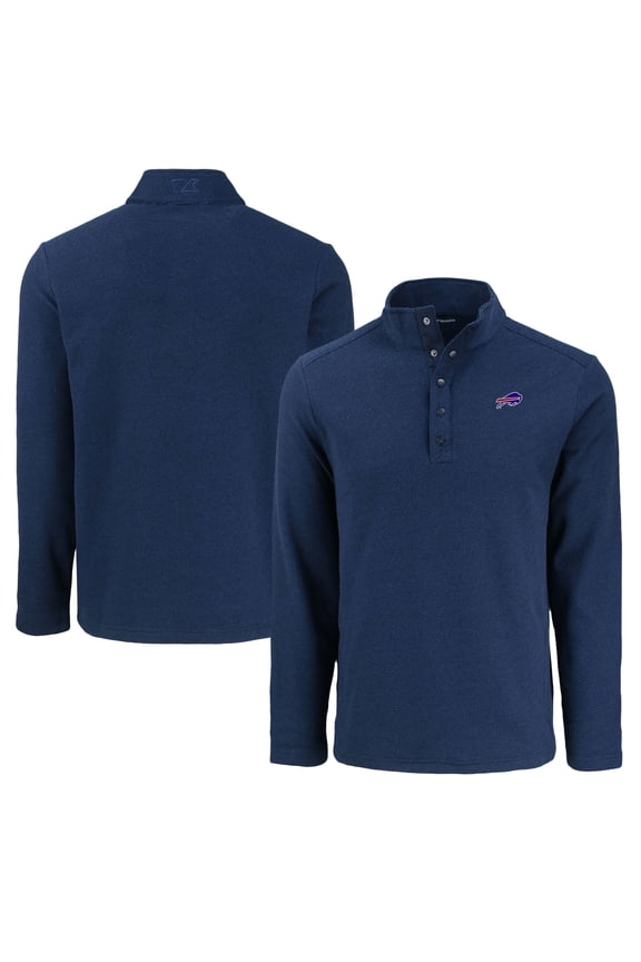 Men's Cutter & Buck Navy Buffalo Bills Hunts Point Eco Textured Fleece Recycled Half-Snap Sweatshirt