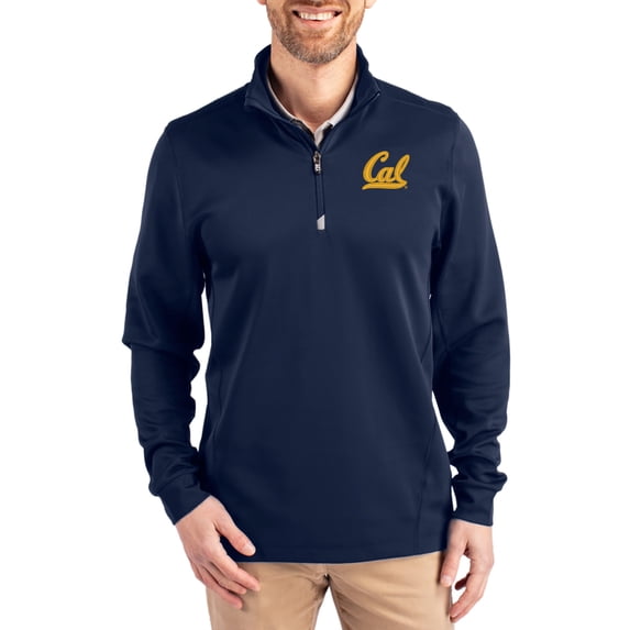 Men's-Cutter & Buck Navy Cal Bears DryTec Traverse Stretch Eco Tri-Blend Quarter-Zip Pullover