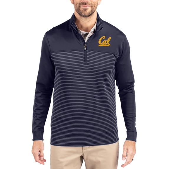 Men's-Cutter & Buck Navy Cal Bears Traverse Stretch Eco Stripe DryTec Tri-Blend Quarter-Zip Pullover
