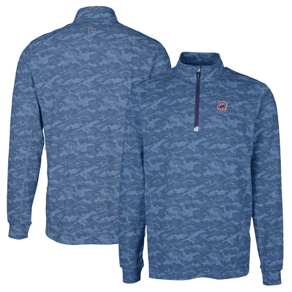 Men's Cutter & Buck Navy Chicago Cubs Big & Tall Traverse Camo Print Stretch Quarter-Zip Pullover Top