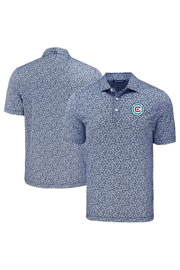 Men's-Cutter & Buck Navy Chicago Fire Pike Eco Flora Print Recycled Polo