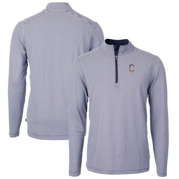 Men's Cutter & Buck Navy Cleveland Guardians Americana Logo Virtue Eco Pique Stripe Recycled Quarter-Zip Pullover Top