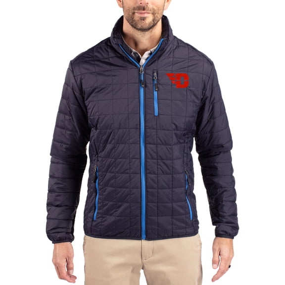 Men's-Cutter & Buck Navy Dayton Flyers Rainier Eco Insulated PrimaLoft Full-Zip Puffer Jacket