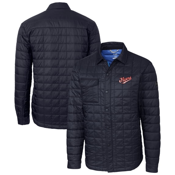 Men's Cutter & Buck Navy Dayton Flyers Vault Rainier PrimaLoft Eco Insulated Quilted Full-Snap Shacket