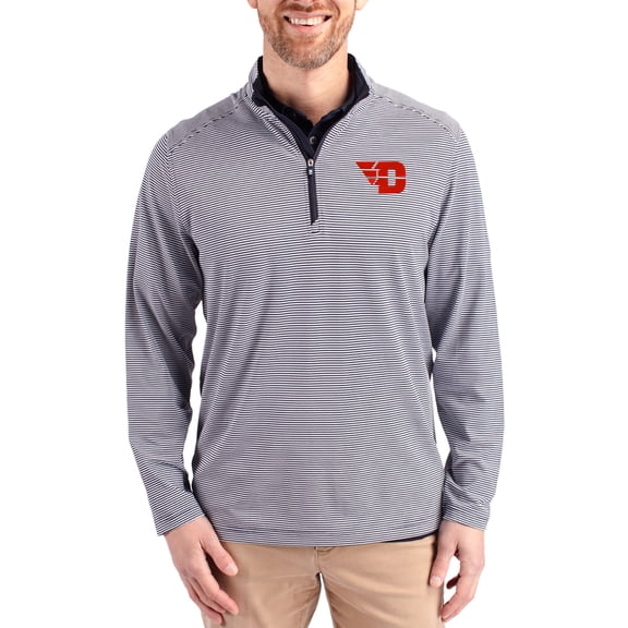 Men's-Cutter & Buck Navy Dayton Flyers Virtue Micro Stripe DryTec Quarter-Zip Pullover