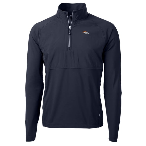 Men's Cutter & Buck Navy Denver Broncos Adapt Eco Knit Hybrid Recycled Quarter-Zip Raglan Jacket