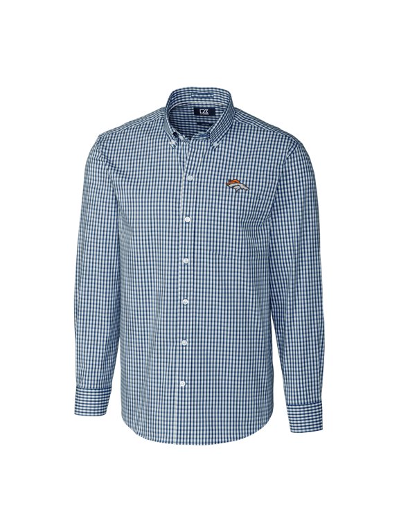 Men's Cutter & Buck Navy Denver Broncos Big & Tall Stretch Gingham Long Sleeve Woven Button Down Shirt