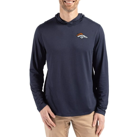 Men's Cutter & Buck Navy Denver Broncos Coastline Epic Comfort Eco Recycled Long Sleeve Hoodie T-Shirt