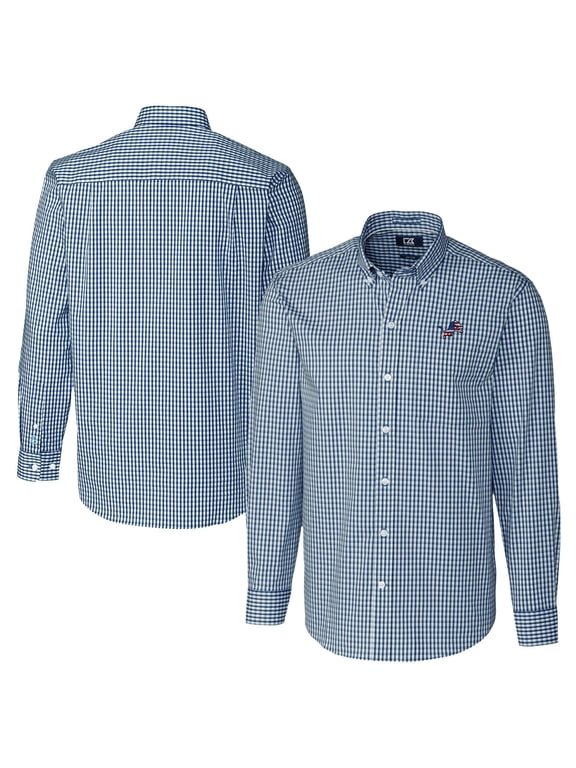 Men's Cutter & Buck Navy Detroit Lions Easy Care Stretch Gingham Big & Tall Long Sleeve Button-Down Shirt