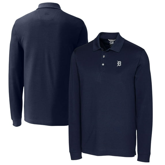 Men's Cutter & Buck Navy Detroit Tigers Big & Tall DryTec Advantage Tri-Blend Pique Long Sleeve Polo
