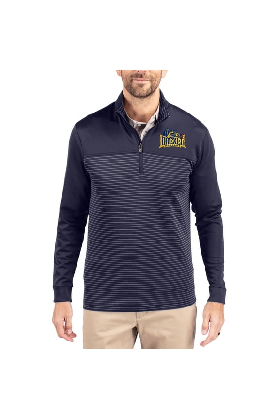 Men's-Cutter & Buck  Navy Drexel Dragons Traverse Stretch Eco Stripe DryTec Tri-Blend Quarter-Zip Pullover