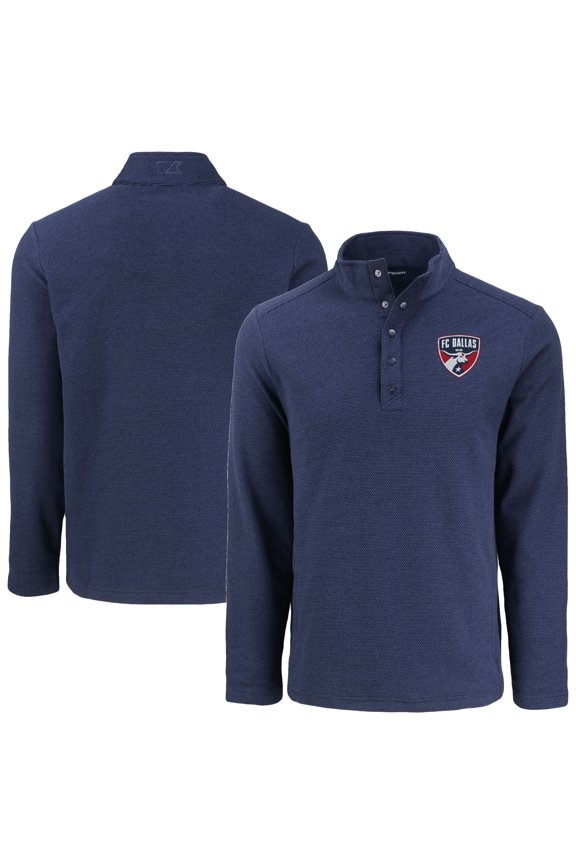 Men's-Cutter & Buck  Navy FC Dallas Hunts Point Eco Textured Fleece Recycled Quarter-Snap Pullover