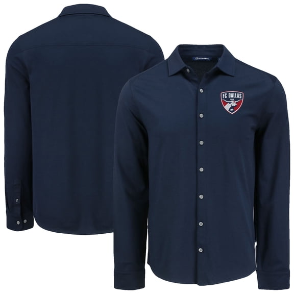 Men's Cutter & Buck Navy FC Dallas Knitted Advantage Tri-Blend Eco Soft Pique Long Sleeve Button-Up Shirt