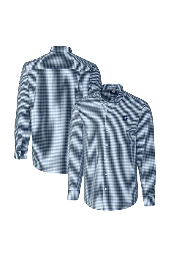 Men's Cutter & Buck Navy Georgetown Hoyas Easy Care Stretch Gingham Long Sleeve Button-Down Shirt