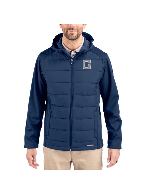 Men's Cutter & Buck Navy Georgetown Hoyas Evoke Hybrid Eco Softshell Recycled Full Zip Hooded Jacket