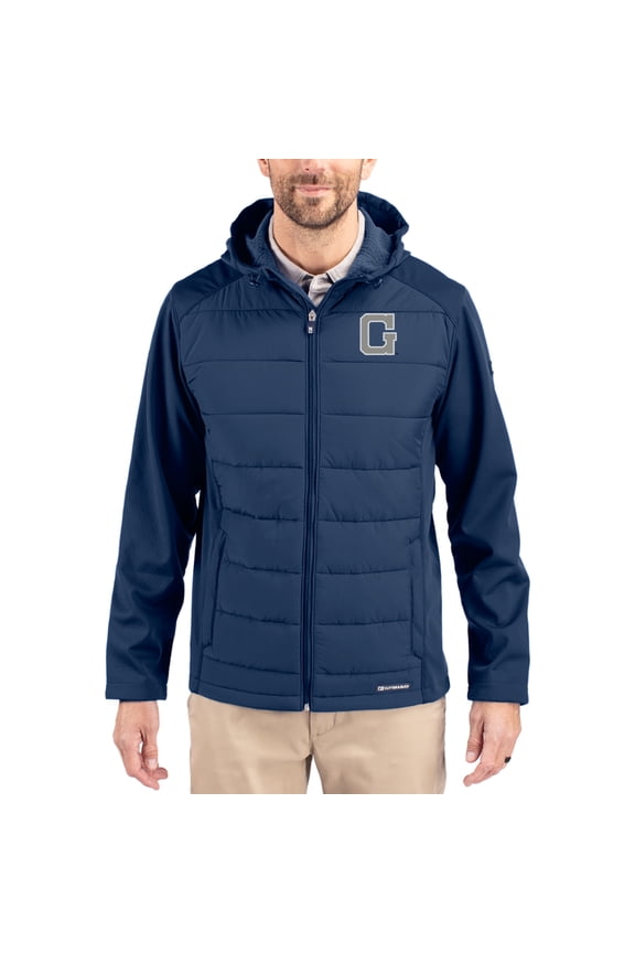 Men's Cutter & Buck Navy Georgetown Hoyas Evoke Hybrid Eco Softshell Recycled Full Zip Hooded Jacket