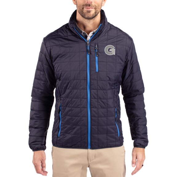 Men's-Cutter & Buck Navy Georgetown Hoyas Rainier Eco Insulated PrimaLoft Full-Zip Puffer Jacket