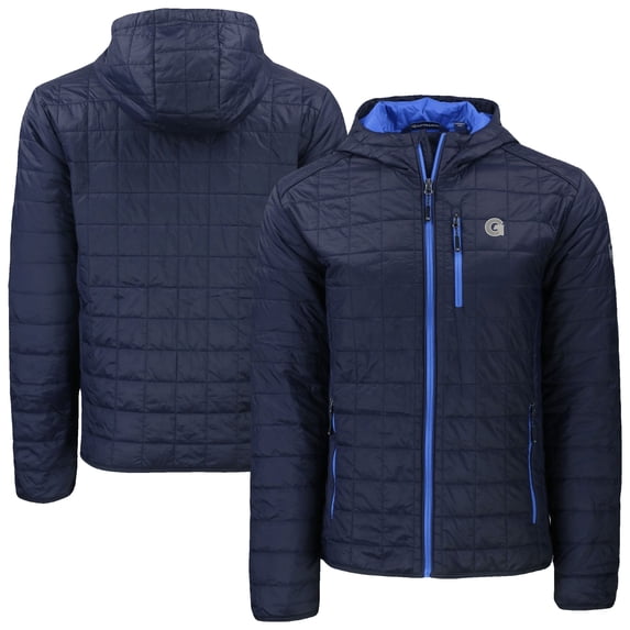 Men's-Cutter & Buck Navy Georgetown Hoyas Rainier Eco PrimaLoft Hooded Full-Zip Jacket