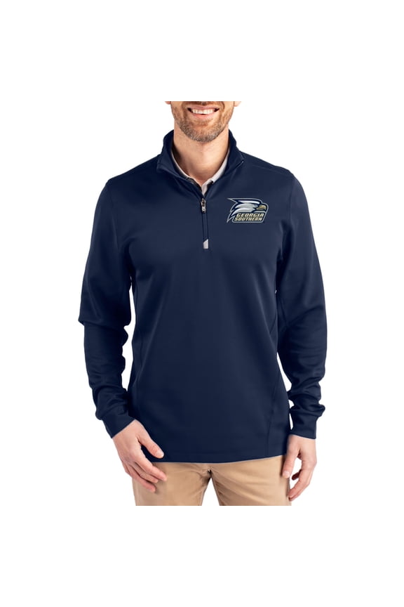Men's-Cutter & Buck  Navy Georgia Southern Eagles DryTec Traverse Stretch Eco Tri-Blend Quarter-Zip Pullover