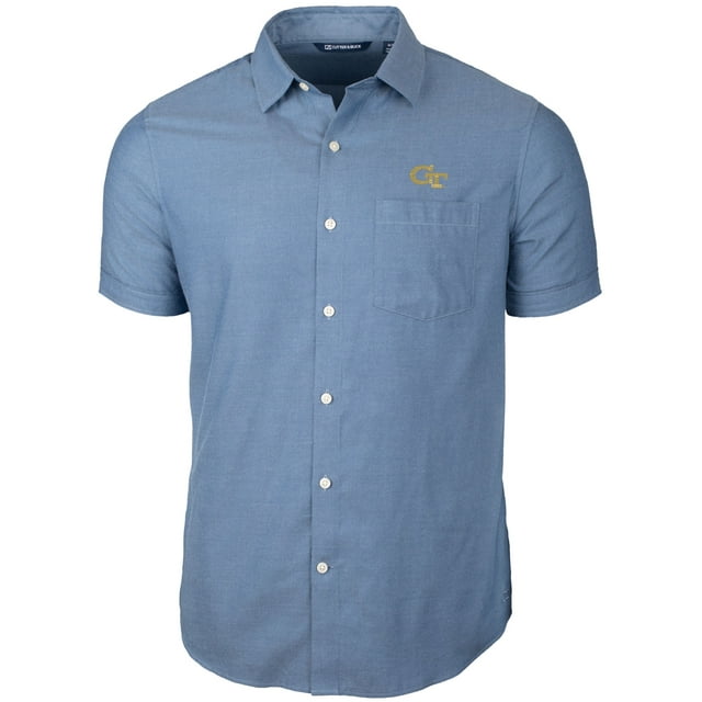 Men's Cutter & Buck Navy Georgia Tech Yellow Jackets Windward Twill Button-Up Short Sleeve Shirt