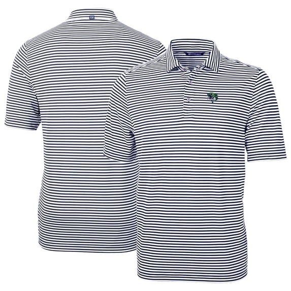 Men's Cutter & Buck Navy Gwinnett Stripers DryTec Virtue Eco Pique Stripe Recycled Polo