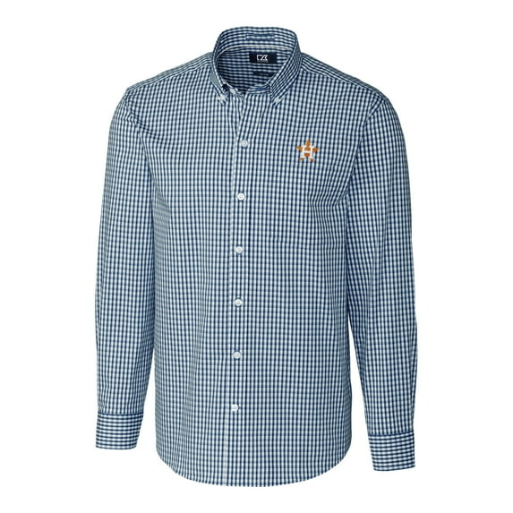 Men's Cutter & Buck Navy Houston Astros Big & Tall Stretch Gingham Long Sleeve Button-Down Shirt