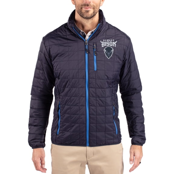 Men's-Cutter & Buck Navy Howard Bison Rainier Eco Insulated PrimaLoft Full-Zip Puffer Jacket