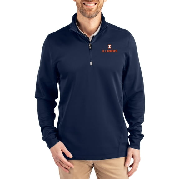 Men's-Cutter & Buck Navy Illinois Fighting Illini DryTec Traverse Stretch Eco Tri-Blend Quarter-Zip Pullover