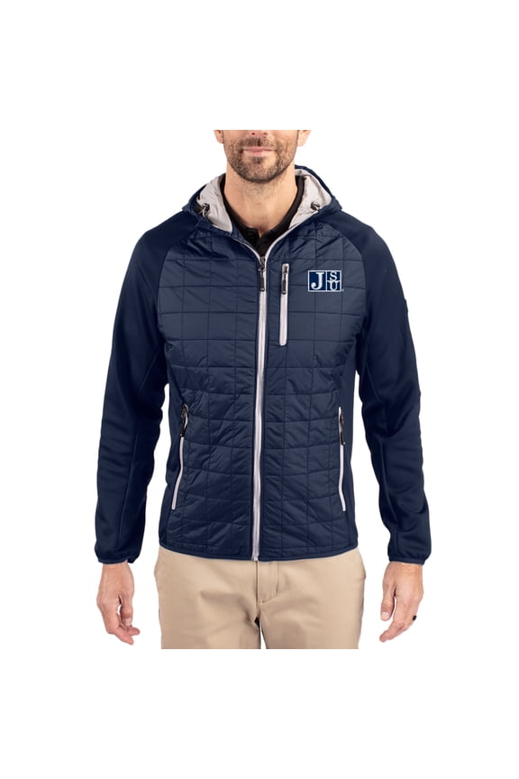 Men's-Cutter & Buck  Navy Jackson State Tigers Rainier Eco Hybrid PrimaLoft Raglan Full-Zip Jacket