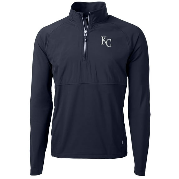 Men's Cutter & Buck Navy Kansas City Royals Adapt Eco Knit Hybrid Recycled Quarter-Zip Pullover Jacket